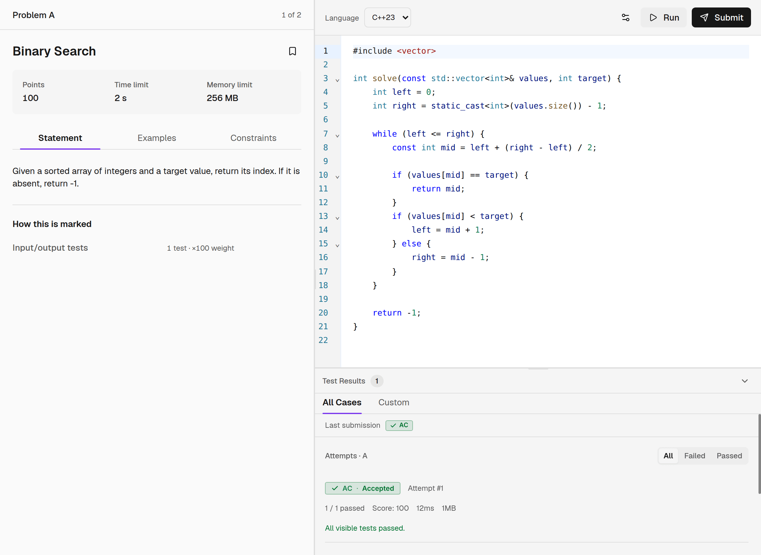 Access coding workspace with a sample Binary Search problem, C++ solution and an example accepted submission in Test Results.