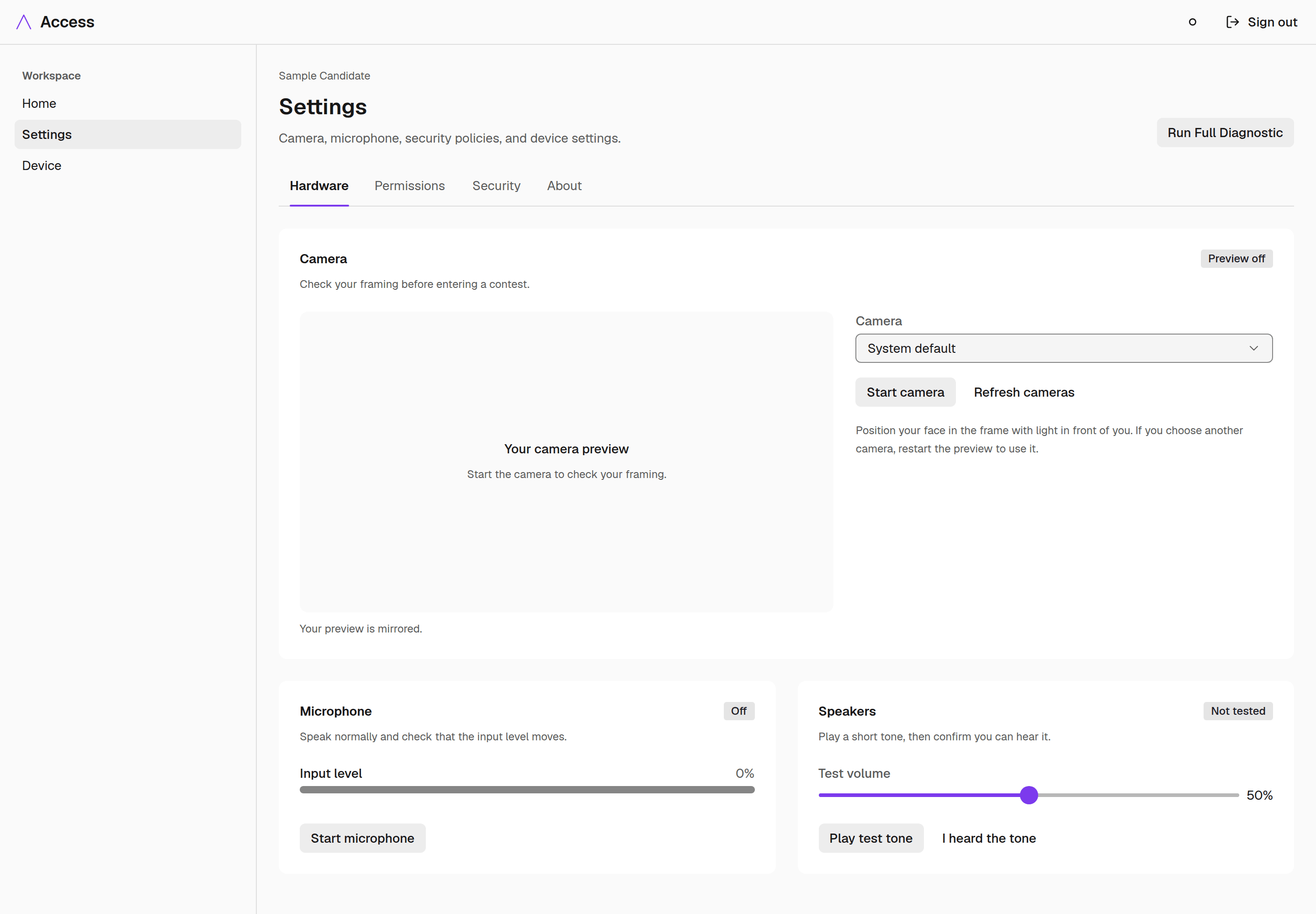 Access Settings, Hardware tab, with camera preview off and controls to select a camera, start the microphone and test speakers.